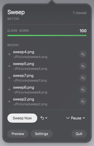 Sweep menu bar popover showing Clean Score, recent file moves, and controls